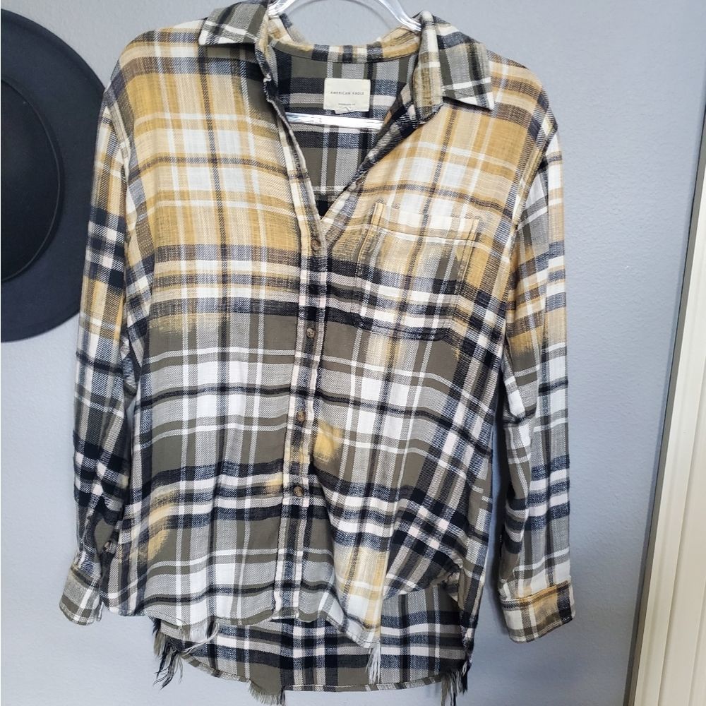 American Eagle oversize yellow green flannel